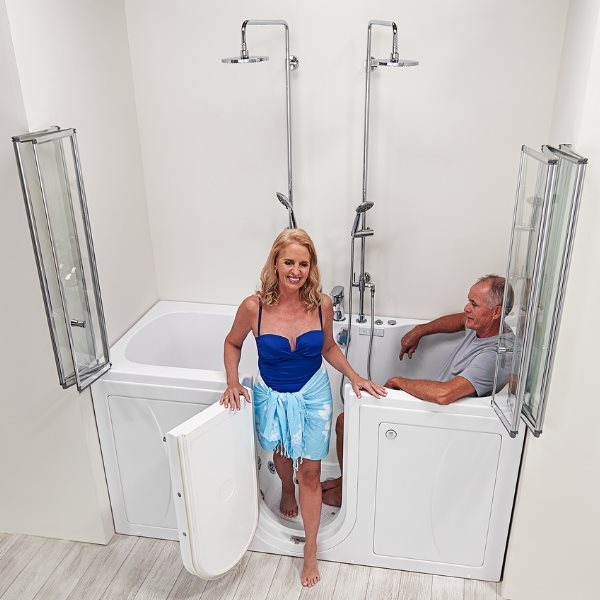 Couple in Two Person Dual Seat Bubble Walk In Tub with Door and Seat for Elderly Disabled Handicap
